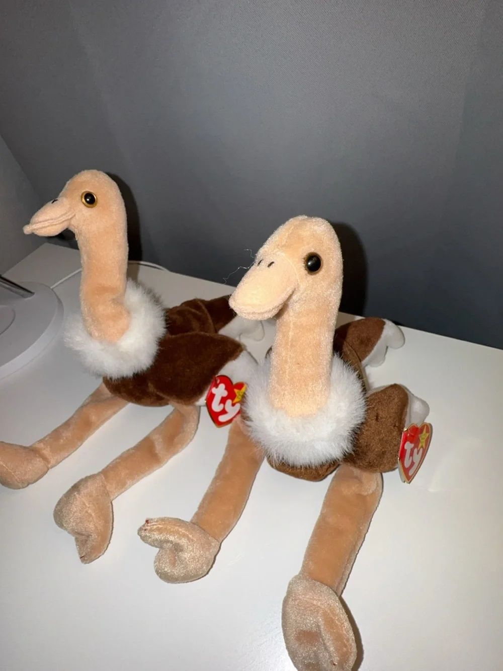 Ty Plush Ostrich Twins — Brown & Cream Beanie Pair